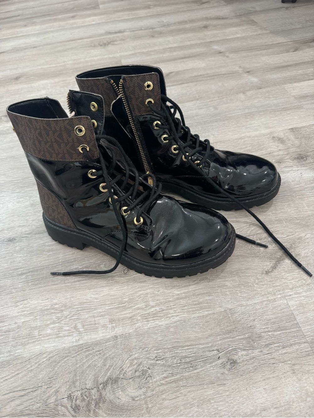 Michael Kors Black Patent Lace-Up Combat Boots with Gold Hardware